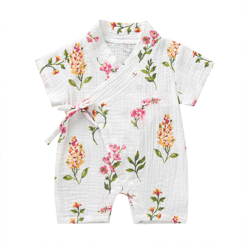 0-18M Baby Short-sleeve Romper Spring Summer Girl Boy Clothing Kimono Floral Print Cute Soft Newborn Infant Baby Knot Playwear