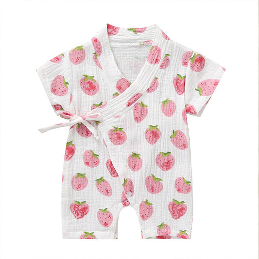 0-18M Baby Short-sleeve Romper Spring Summer Girl Boy Clothing Kimono Floral Print Cute Soft Newborn Infant Baby Knot Playwear