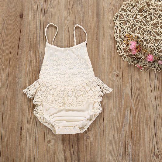 Baby Jumpsuit Summer Beige Lace Dress Baby Girl Rompers Strap Backless Triangle Rompers Onesie Korean Style