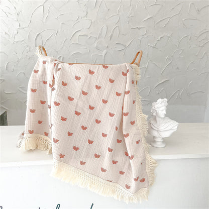 Baby Cotton Crepe Print Fringed Bath Towel Boy Girl Kid Infant Blanket Wrap