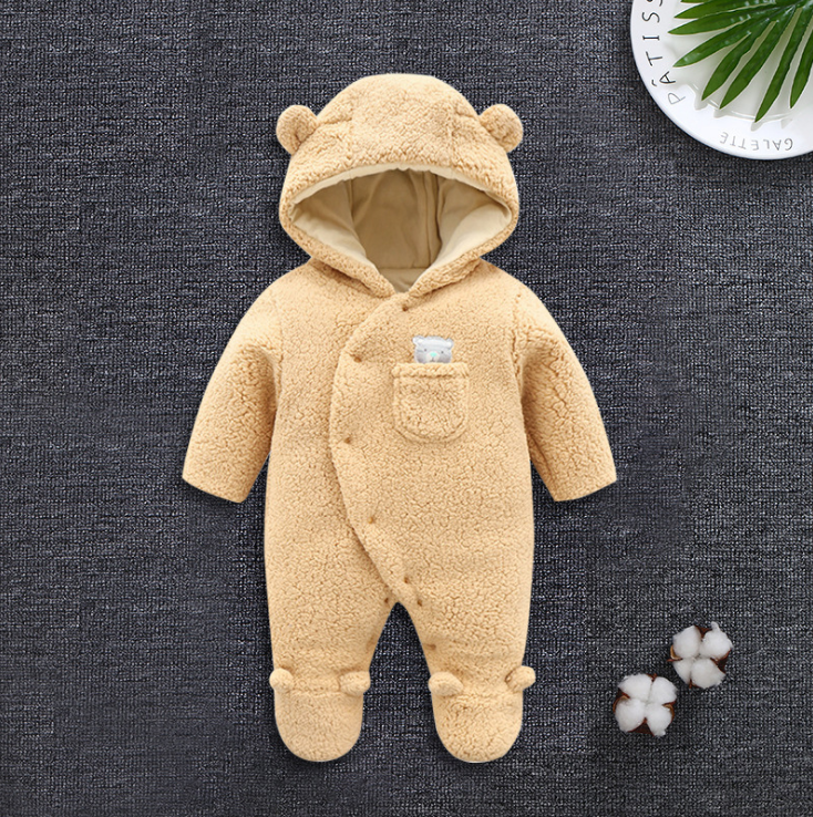Baby Plush Cute Bear Ears Winter Thick Keep Warm Jumpsuit Romper Boy Girl Toddlers Clothing