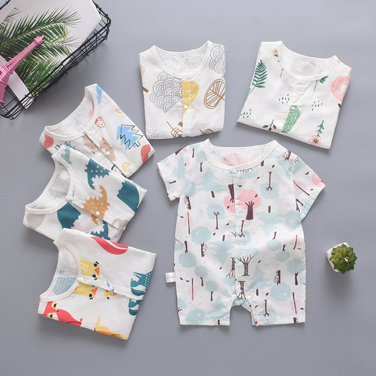 Children''s thin closed Romper baby cotton gauze creeper half sleeve Jumpsuit baby clothes
