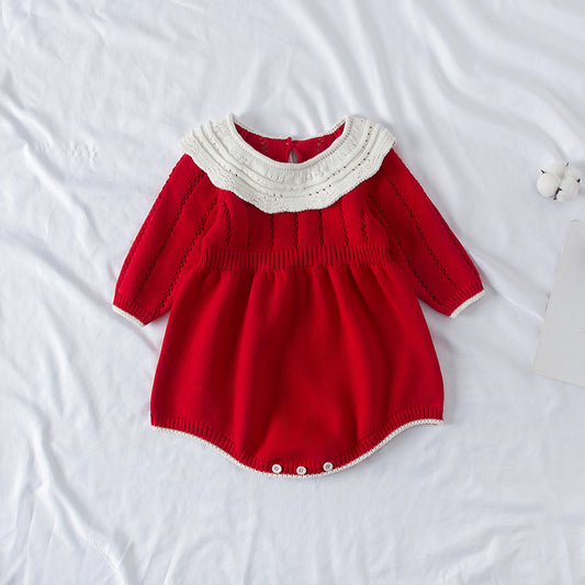 Infant Knitted Jumpsuit Female Baby Doll Collar Long-sleeved Cotton Romper