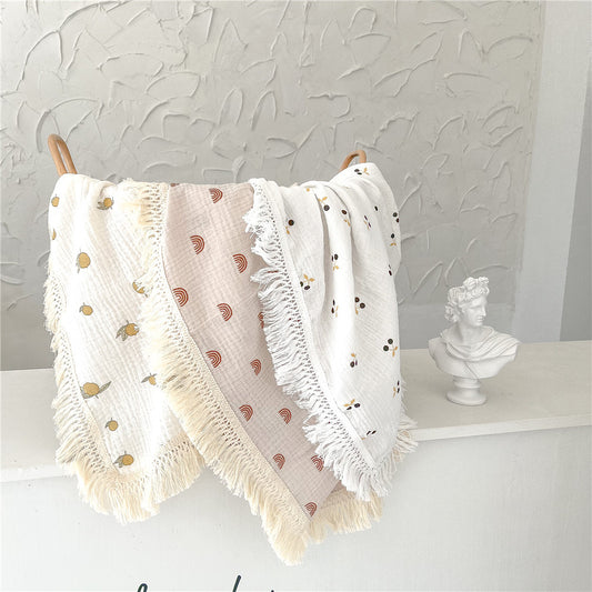 Baby Cotton Crepe Print Fringed Bath Towel Boy Girl Kid Infant Blanket Wrap