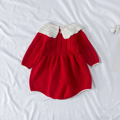 Infant Knitted Jumpsuit Female Baby Doll Collar Long-sleeved Cotton Romper