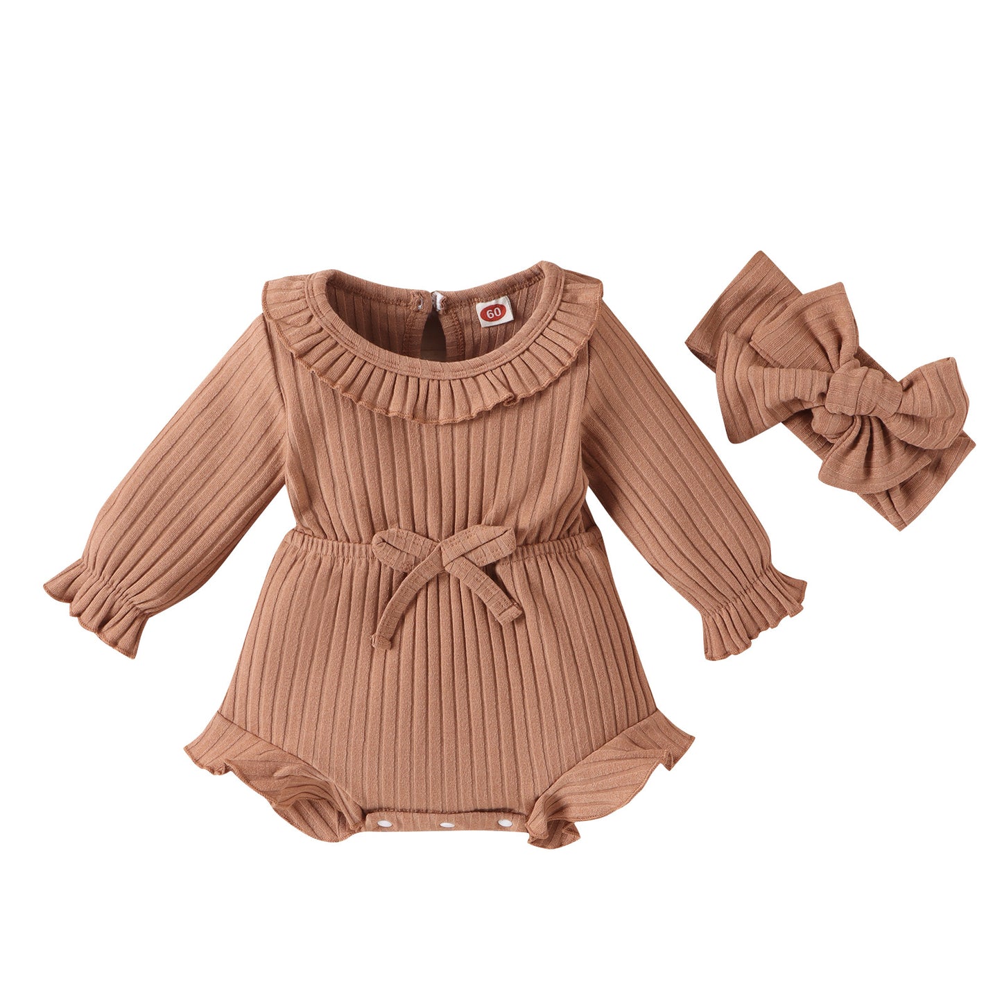 New Children's Clothing Baby Long Sleeve Sunken Stripe Romper Headscarf Female Baby Autumn And Winter Jumpsuit