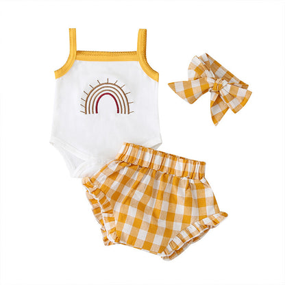 Baby Romper Three-piece Fashion Plaid Pants