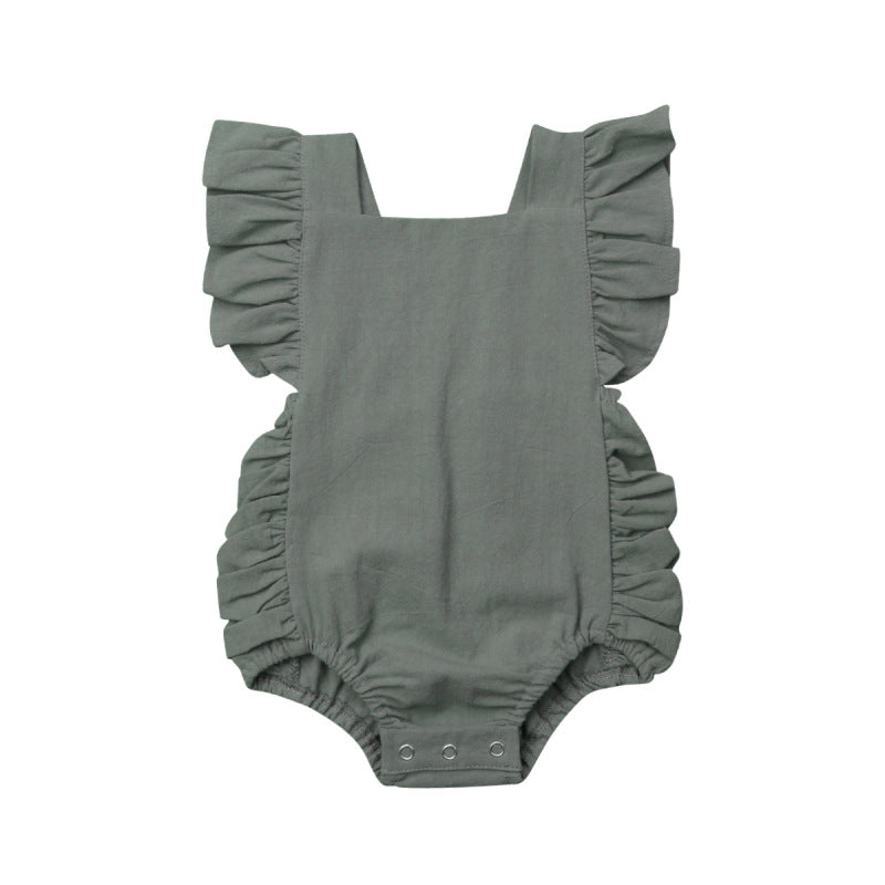 Ruffled solid color sleeveless backless baby jumpsuit