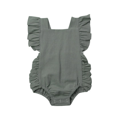 Ruffled solid color sleeveless backless baby jumpsuit