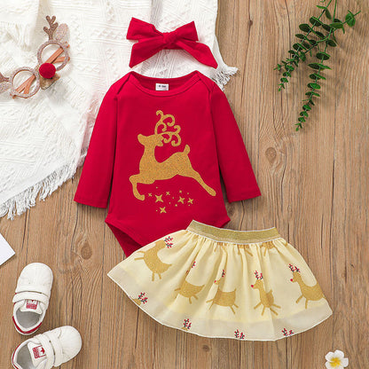 Baby Christmas Onesie and Skirt Set Reindeer Printing Romper Skirt Two-piece Suit