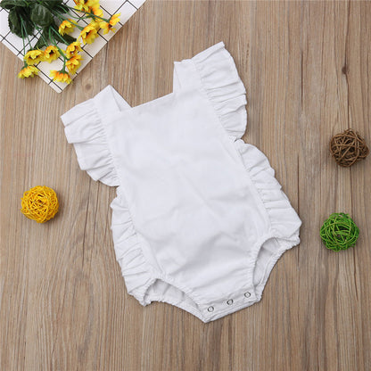 Ruffled solid color sleeveless backless baby jumpsuit