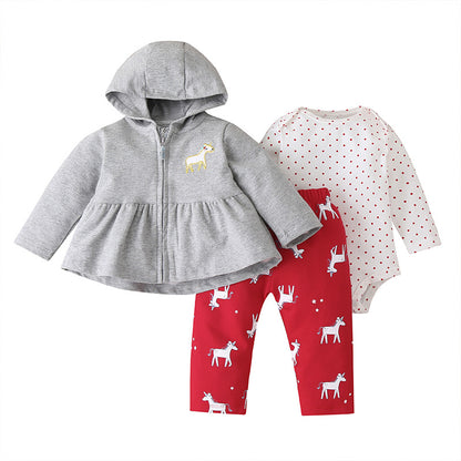 Baby Long-sleeved Bodysuit and Hooded Sweater Floral Polkadot Autumn Winter Babt Toddler Children's Suit