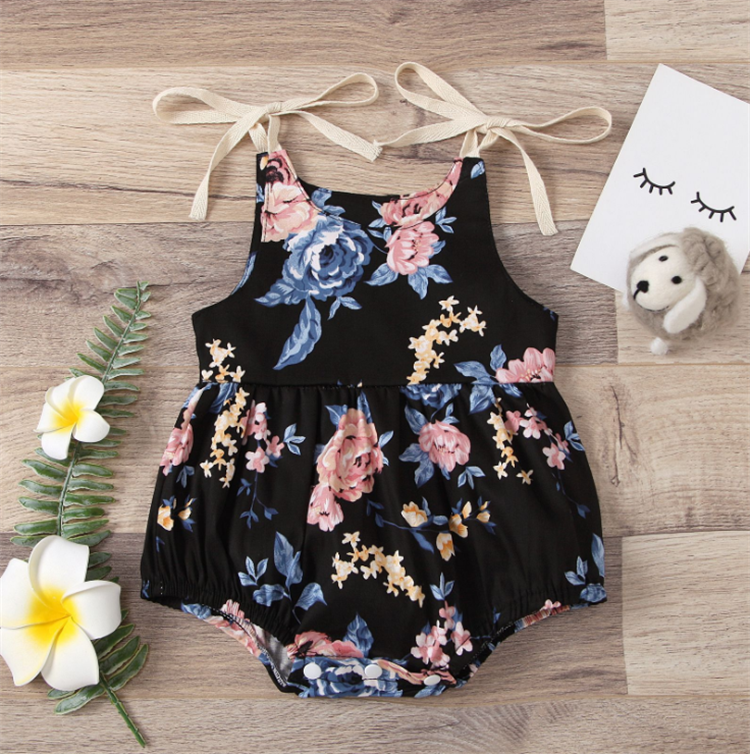 Two-Color Floral Sling Triangle Romper For Baby Girl