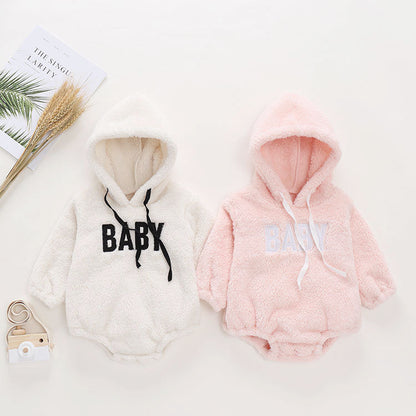 Baby Warm Plush Hooded Romper Autumn Winter Newborn Outerwear