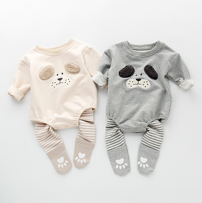 Baby Rompers and Pants Dog Face Stripes Autumn Winter Baby Girl and Boy Cartoon Thick Cotton Sweater One-Piece Romper