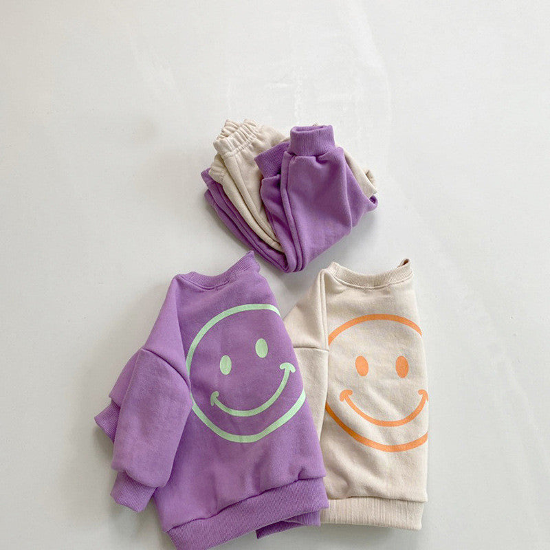 Smiley Pattern Casual Sweater Suit Baby Sports Pants Two-piece Suit