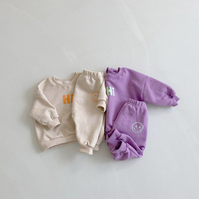 Smiley Pattern Casual Sweater Suit Baby Sports Pants Two-piece Suit