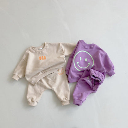 Smiley Pattern Casual Sweater Suit Baby Sports Pants Two-piece Suit