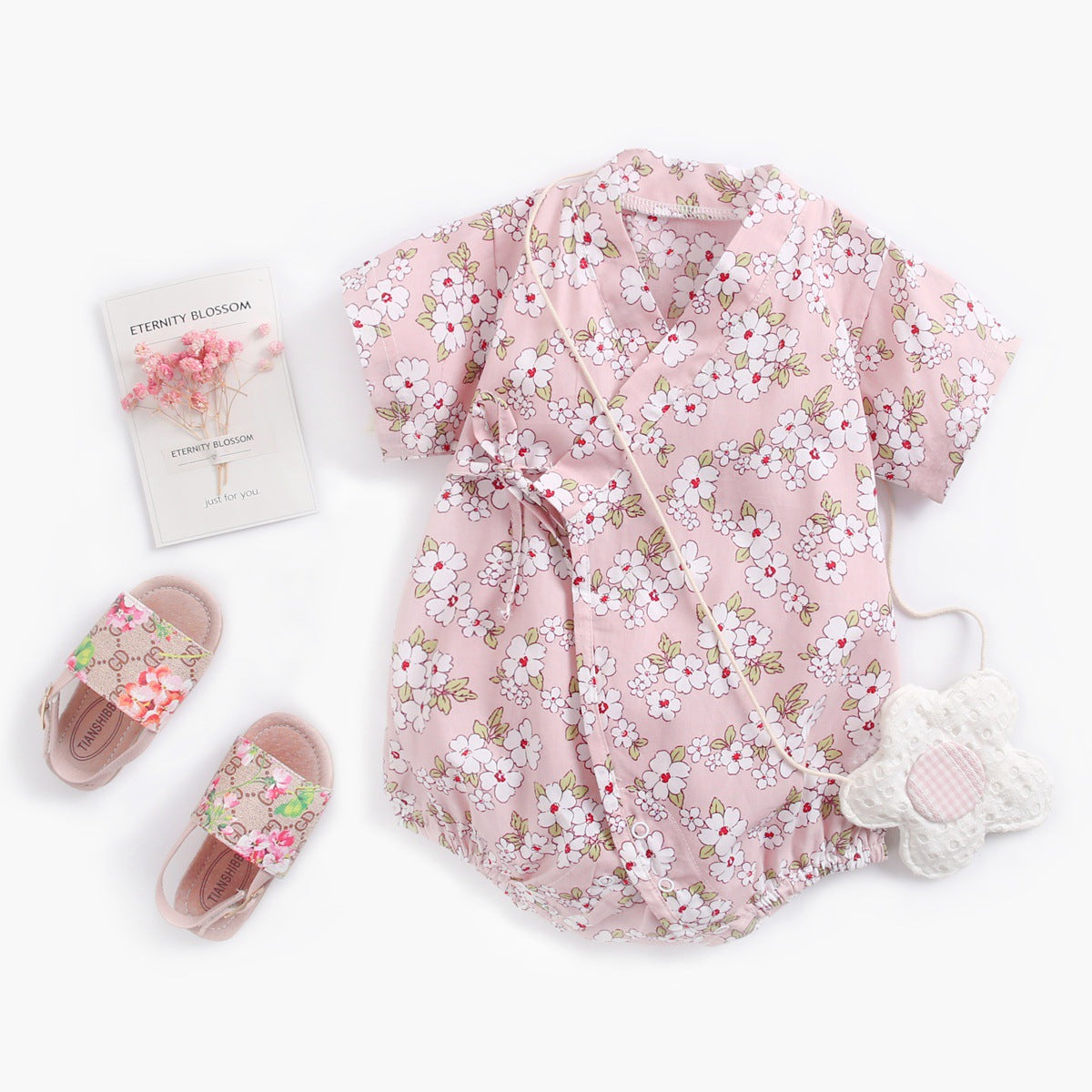 Baby Floral Retro Romper Short Sleeve Spring Summer Baby Onesie Japanese Flower Kimono