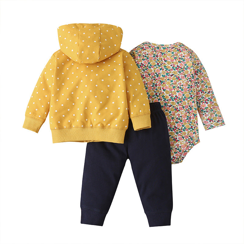 Baby Long-sleeved Bodysuit and Hooded Sweater Floral Polkadot Autumn Winter Babt Toddler Children's Suit