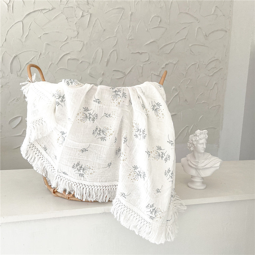 Baby Cotton Crepe Print Fringed Bath Towel Boy Girl Kid Infant Blanket Wrap