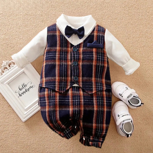 Baby Boy Gentleman Jumpsuit Spring And Autumn Fashion Plaid Fake Vest