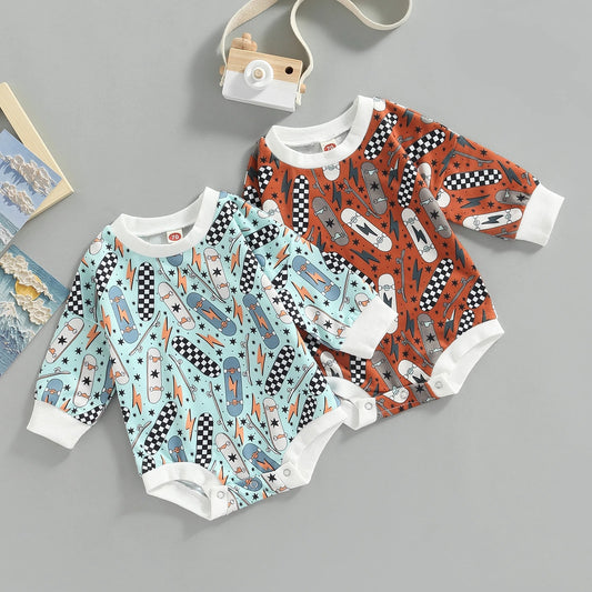 Baby Emerald Brown Skateboard Printed Romper