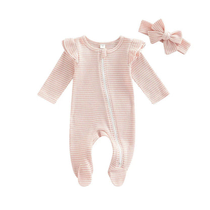 2-piece Set Baby Girl Cotton Zipper Bodysuit Ruffle Long Sleeve with Bow Headband