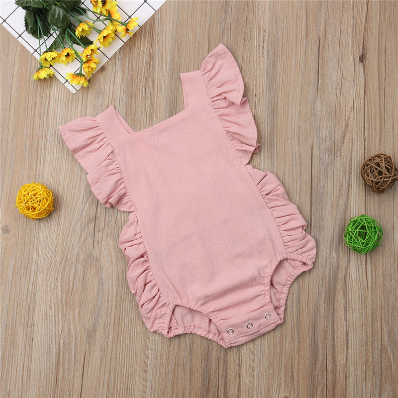 Ruffled solid color sleeveless backless baby jumpsuit