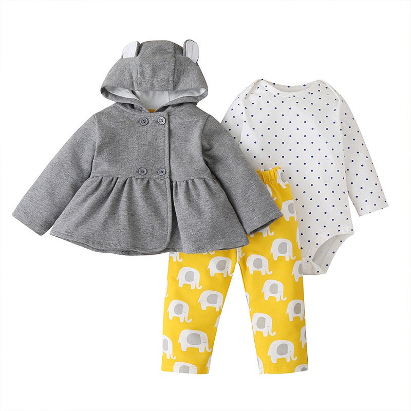 Baby Long-sleeved Bodysuit and Hooded Sweater Floral Polkadot Autumn Winter Babt Toddler Children's Suit