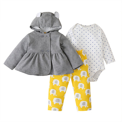 Baby Long-sleeved Bodysuit and Hooded Sweater Floral Polkadot Autumn Winter Babt Toddler Children's Suit