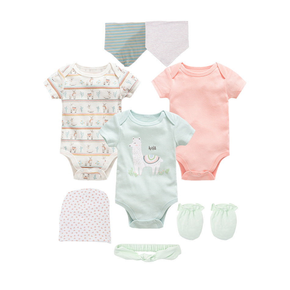 8-piece Set Baby Cotton Short Sleeve Onesies Bibs Anti Scratch Baby Mittens Hat Boy Girl Newborn Gift Box