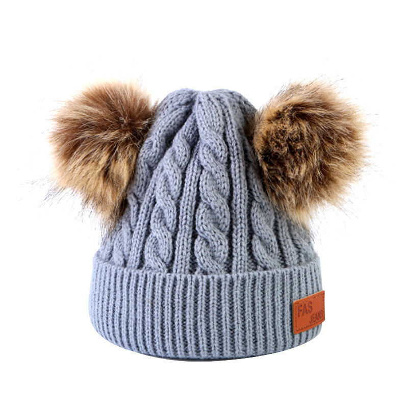 Baby Girl Fur Pom Poms Knitted Beanie Hat Winter Warm Hat