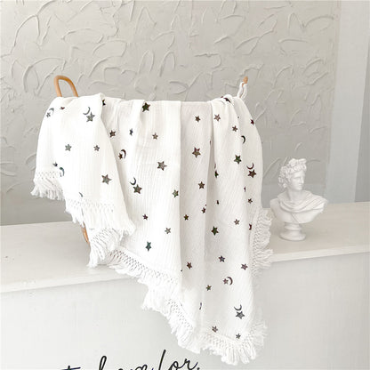 Baby Cotton Crepe Print Fringed Bath Towel Boy Girl Kid Infant Blanket Wrap