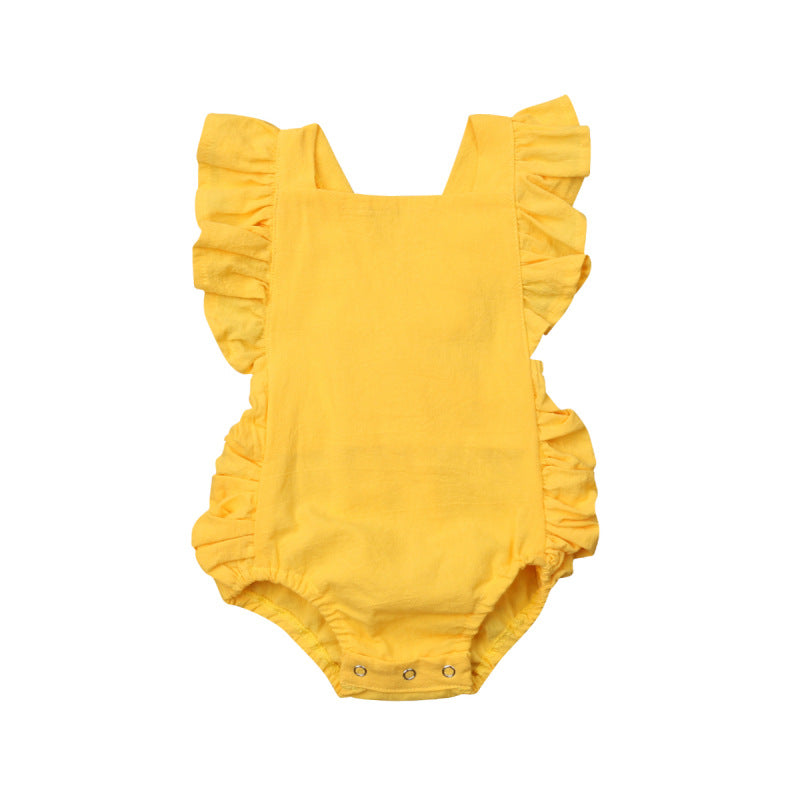 Ruffled solid color sleeveless backless baby jumpsuit