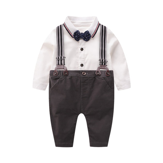 Baby Boy Bow Tie Gentleman Suit Long Sleeve Romper and Short Suspenders Outfit