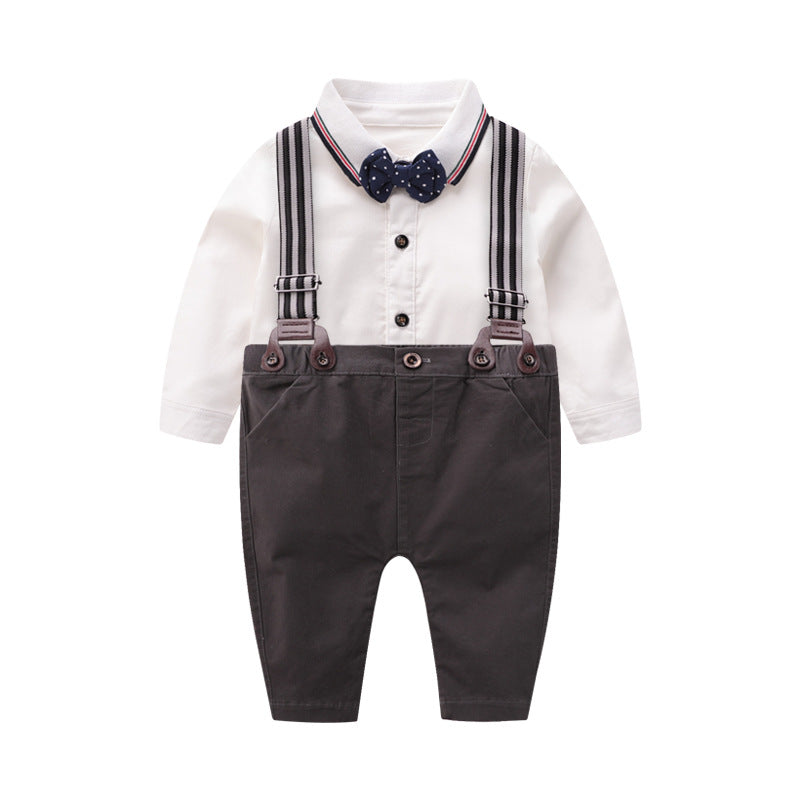 Baby Boy Bow Tie Gentleman Suit Long Sleeve Romper and Short Suspenders Outfit
