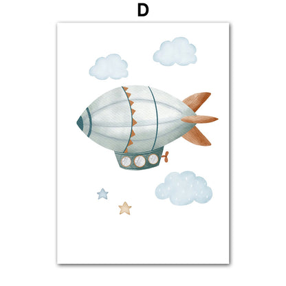 Children's Room Cartoon Aircraft Spaceship Mountain Wall Art Canvas Painting