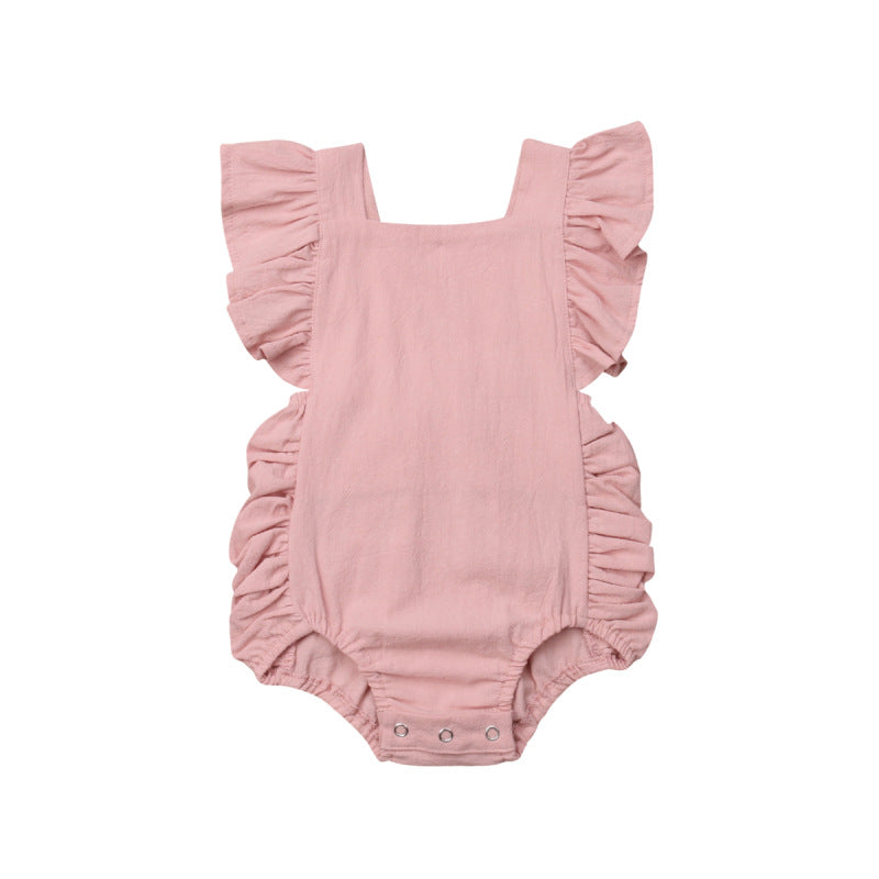 Ruffled solid color sleeveless backless baby jumpsuit