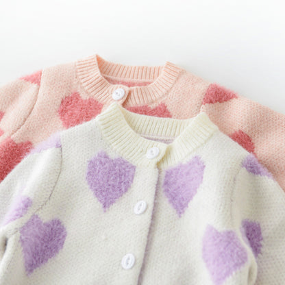 Spring Autumn Infant Baby Girls Knit Long Sleeve Loving Heart Coat Rompers