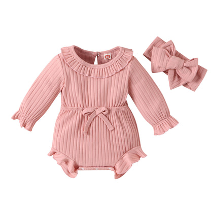 New Children's Clothing Baby Long Sleeve Sunken Stripe Romper Headscarf Female Baby Autumn And Winter Jumpsuit