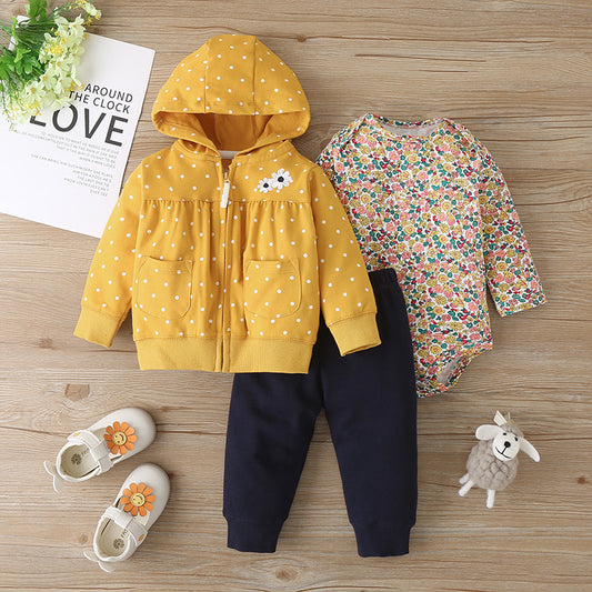 Baby Long-sleeved Bodysuit and Hooded Sweater Floral Polkadot Autumn Winter Babt Toddler Children's Suit