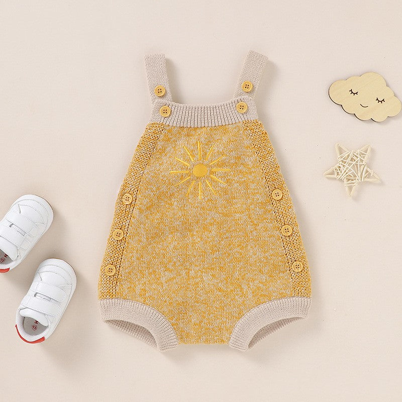 Ins Hot Fall New Baby Sunflower Embroidered Straps Knitted Jumpsuit