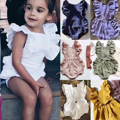 Ruffled solid color sleeveless backless baby jumpsuit