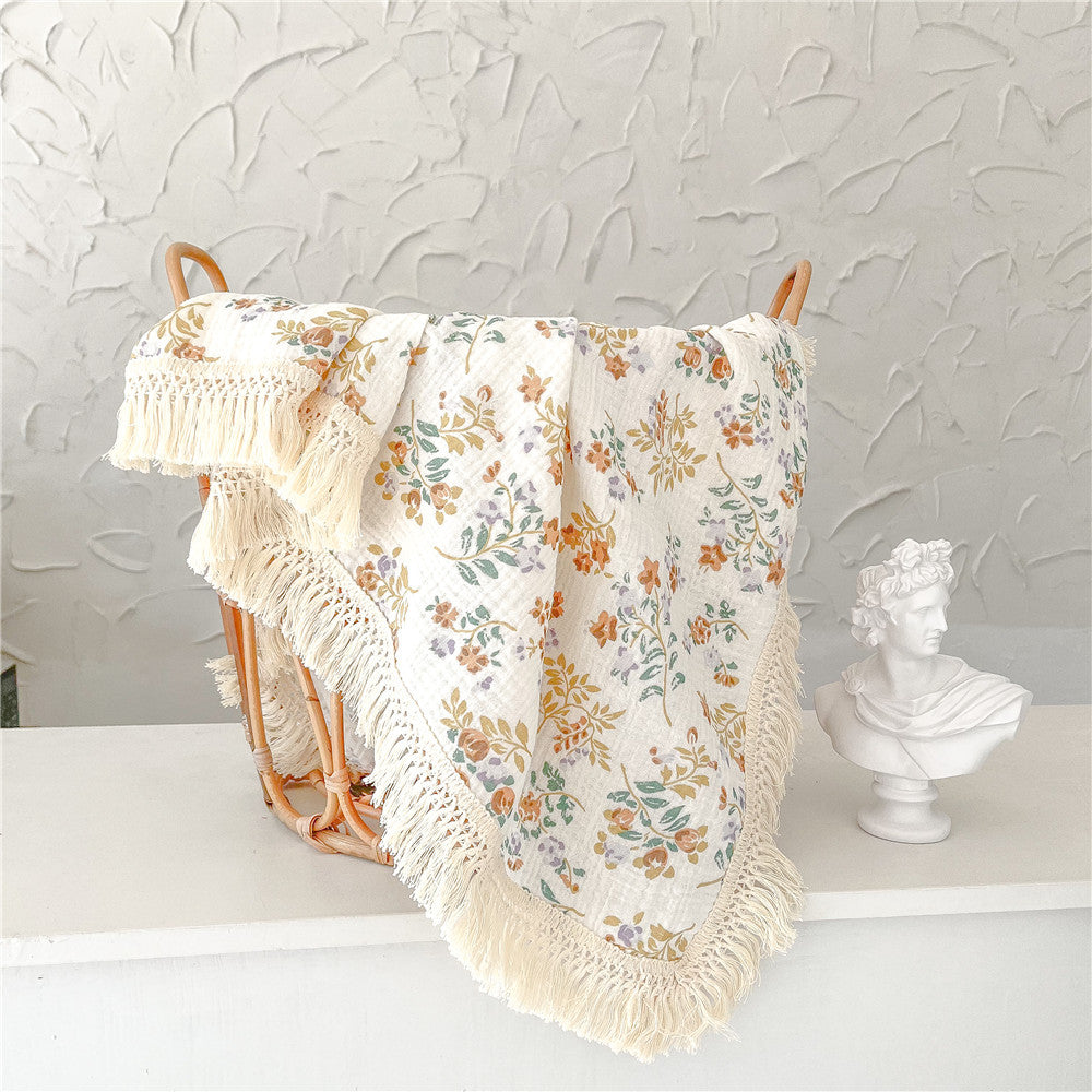 Baby Cotton Crepe Print Fringed Bath Towel Boy Girl Kid Infant Blanket Wrap