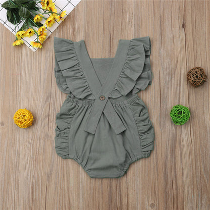 Ruffled solid color sleeveless backless baby jumpsuit