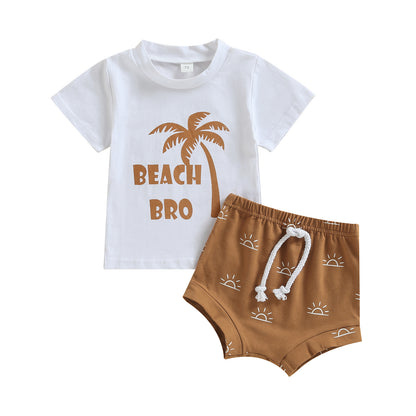 Newborn Baby Boys Summer Outfits Coconut Tree Print T-Shirt And Elastic Sun Print Shorts Set