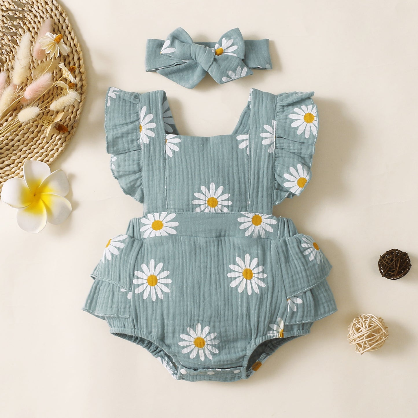 Sleeveless Flower Print Baby Girl Triangle Rompers