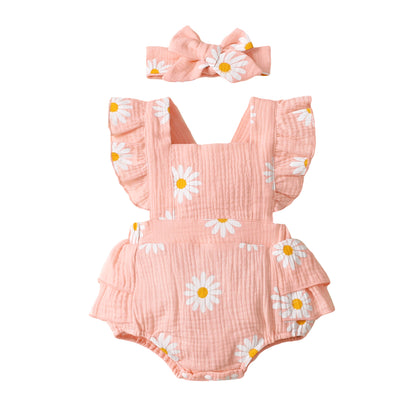 Sleeveless Flower Print Baby Girl Triangle Rompers