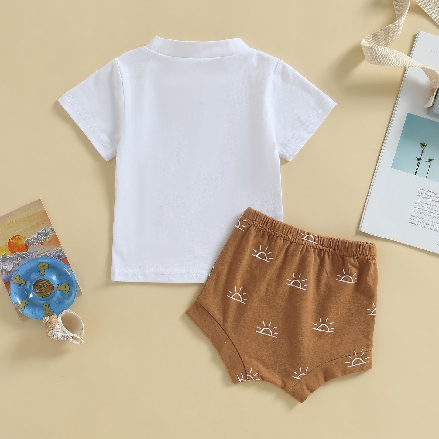 Newborn Baby Boys Summer Outfits Coconut Tree Print T-Shirt And Elastic Sun Print Shorts Set